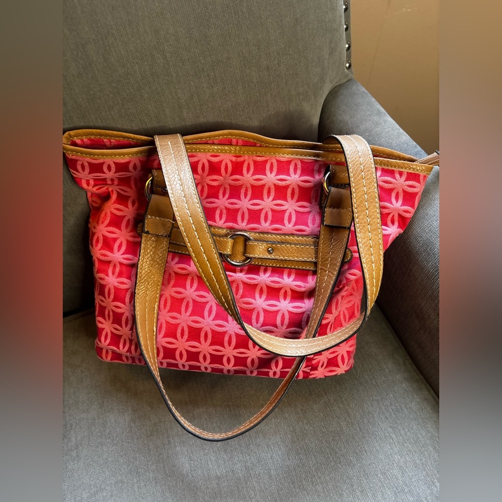 Croft & Barrow Coral Pink Jacquard Pattern Tote EUC - Picture 3 of 16